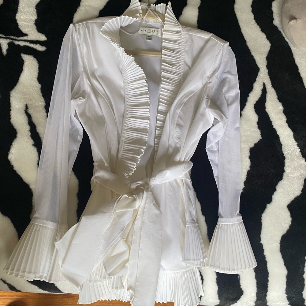 Vintage Y2K 2000s flattering White Ruffle Wrap Tie Blouse Mesh Sleeve size 16W